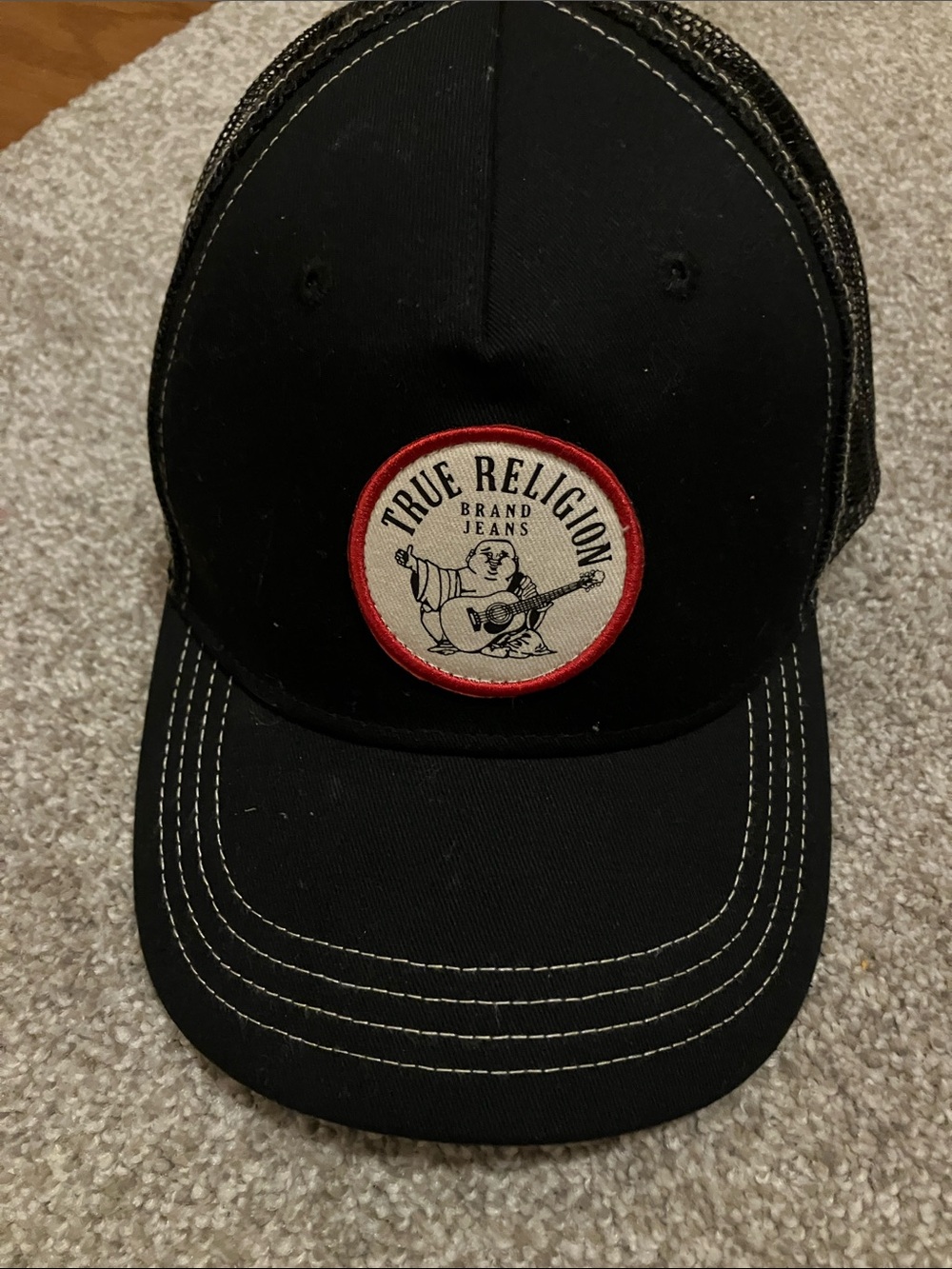 True Religion Black Baseball Cap with Red-Trim Logo Patch